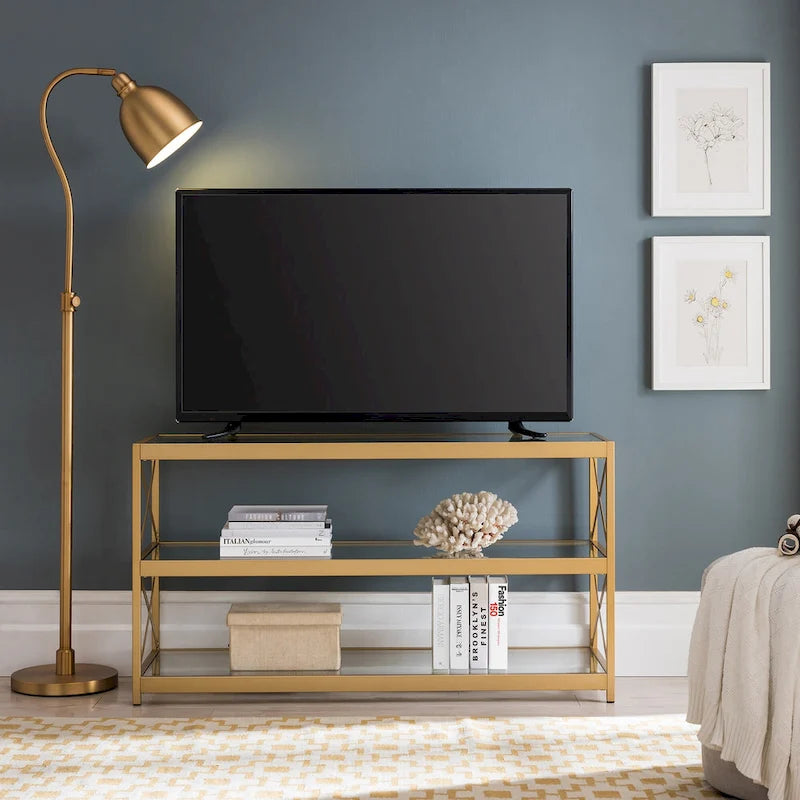 Meuble TV géométrique en métal avec étagères en verre trempé
