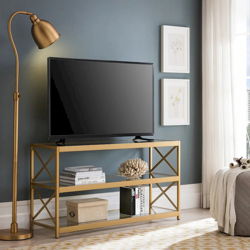 Meuble TV géométrique en métal avec étagères en verre trempé