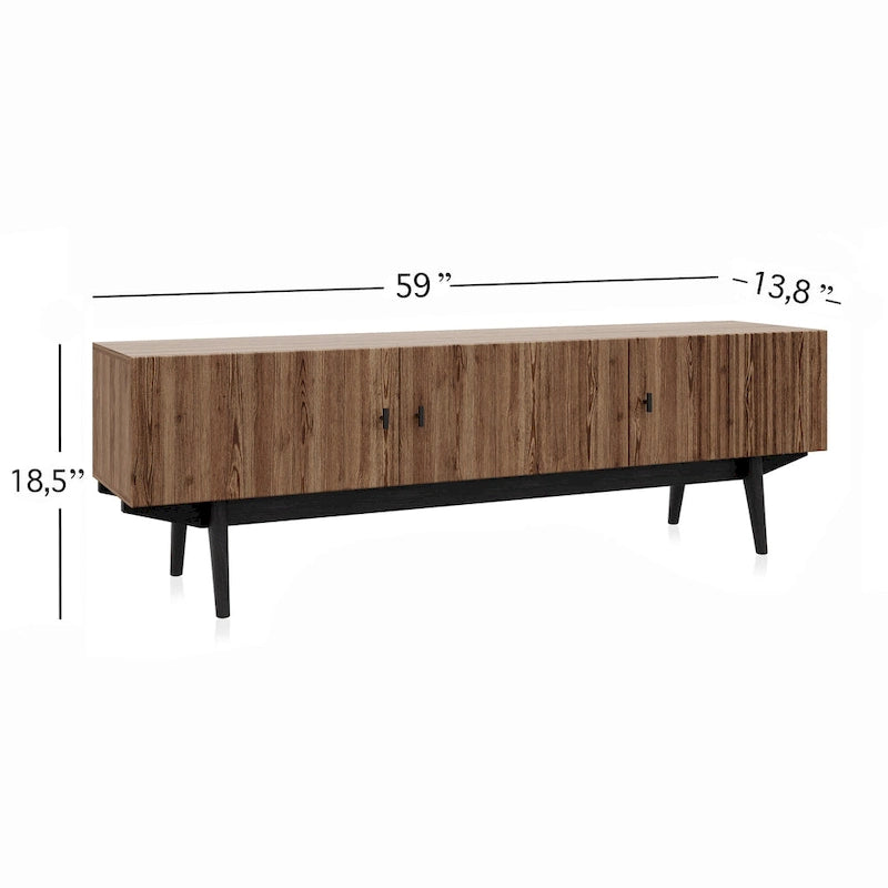 Meuble TV scandinave de style Mid-Century avec portes à lattes, espaces de rangement et pieds en bois — Convient aux téléviseurs jusqu'à 65 po