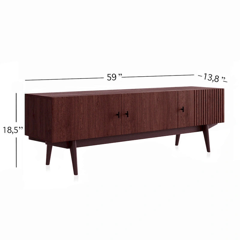 Meuble TV scandinave de style Mid-Century avec portes à lattes, espaces de rangement et pieds en bois — Convient aux téléviseurs jusqu'à 65 po
