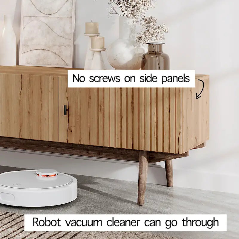 Meuble TV scandinave de style Mid-Century avec portes à lattes, espaces de rangement et pieds en bois — Convient aux téléviseurs jusqu'à 65 po