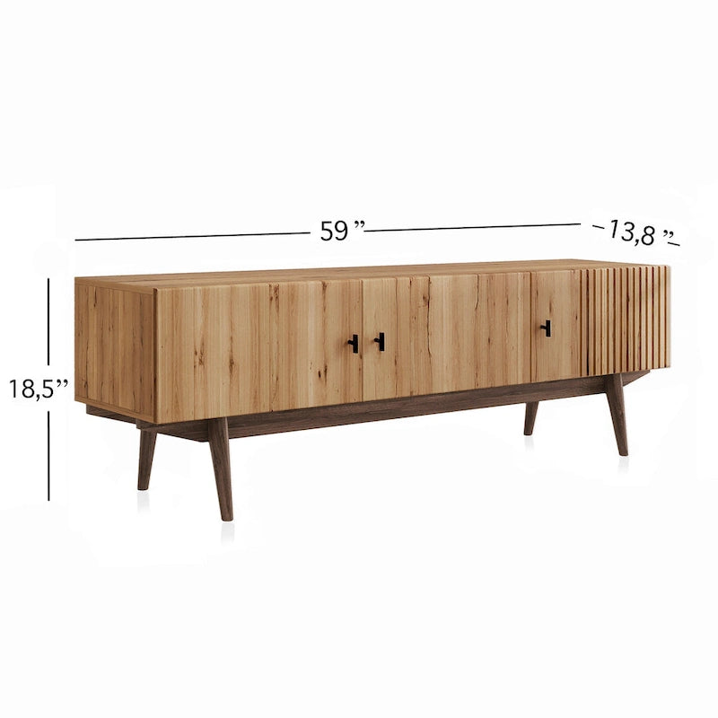 Meuble TV scandinave de style Mid-Century avec portes à lattes, espaces de rangement et pieds en bois — Convient aux téléviseurs jusqu'à 65 po