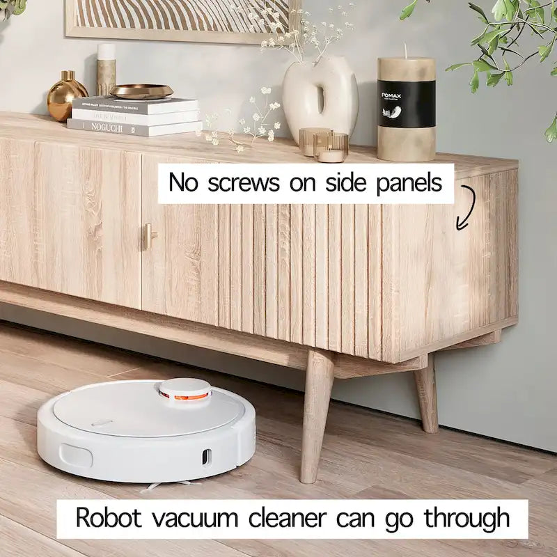Meuble TV scandinave de style Mid-Century avec portes à lattes, espaces de rangement et pieds en bois — Convient aux téléviseurs jusqu'à 65 po