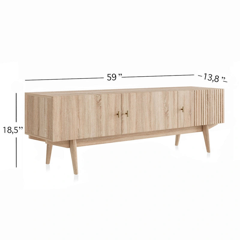 Meuble TV scandinave de style Mid-Century avec portes à lattes, espaces de rangement et pieds en bois — Convient aux téléviseurs jusqu'à 65 po
