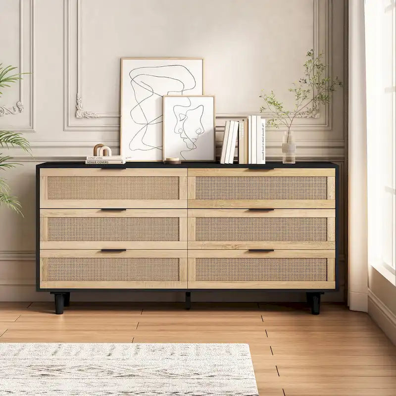 Commode de rangement à 6 tiroirs en rotin pour chambre et salon