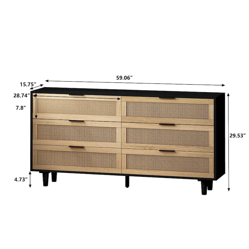 Commode de rangement à 6 tiroirs en rotin pour chambre et salon
