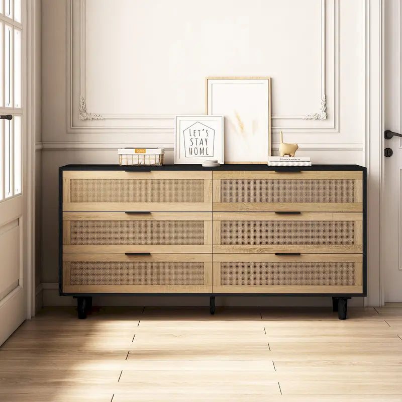 Commode de rangement à 6 tiroirs en rotin pour chambre et salon