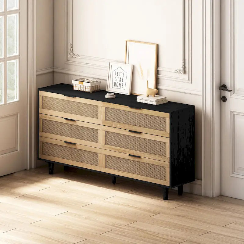 Commode de rangement à 6 tiroirs en rotin pour chambre et salon