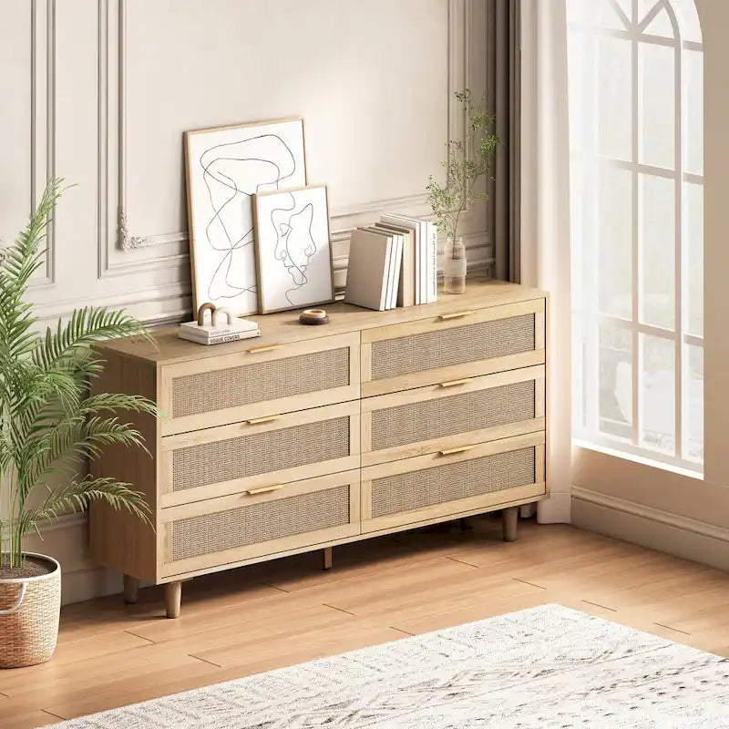 Commode de rangement à 6 tiroirs en rotin pour chambre et salon