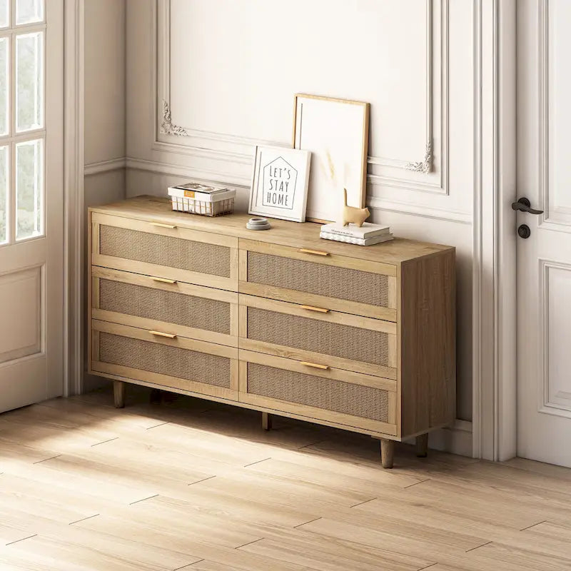 Commode de rangement à 6 tiroirs en rotin pour chambre et salon