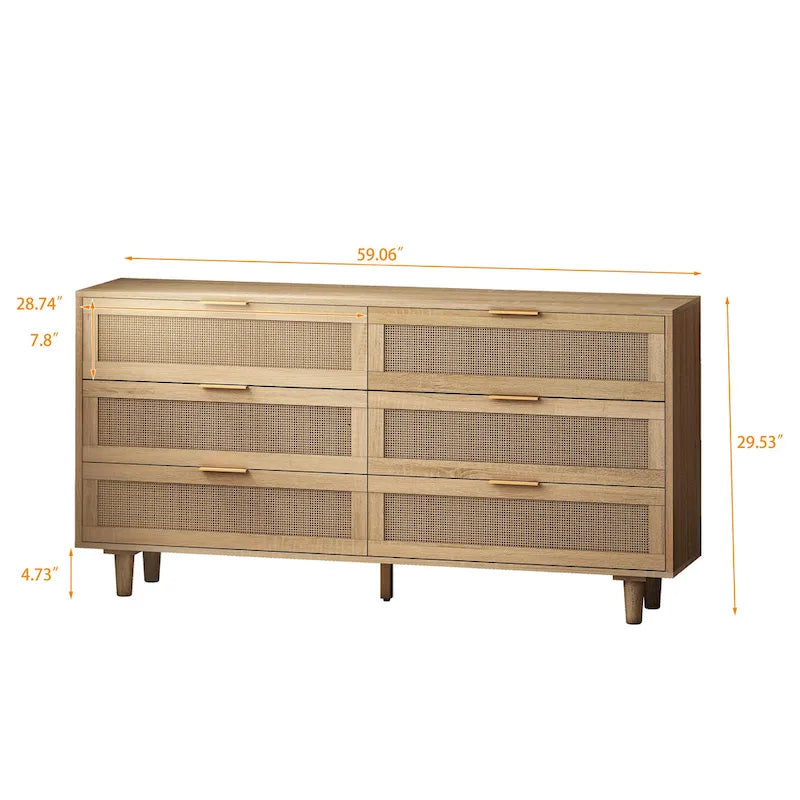 Commode de rangement à 6 tiroirs en rotin pour chambre et salon