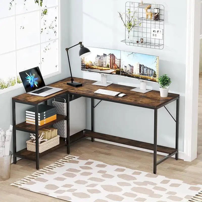 Bureau d'angle en L avec étagères de rangement réversibles pour bureau à domicile