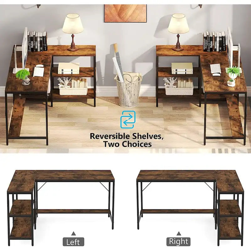 Bureau d'angle en L avec étagères de rangement réversibles pour bureau à domicile