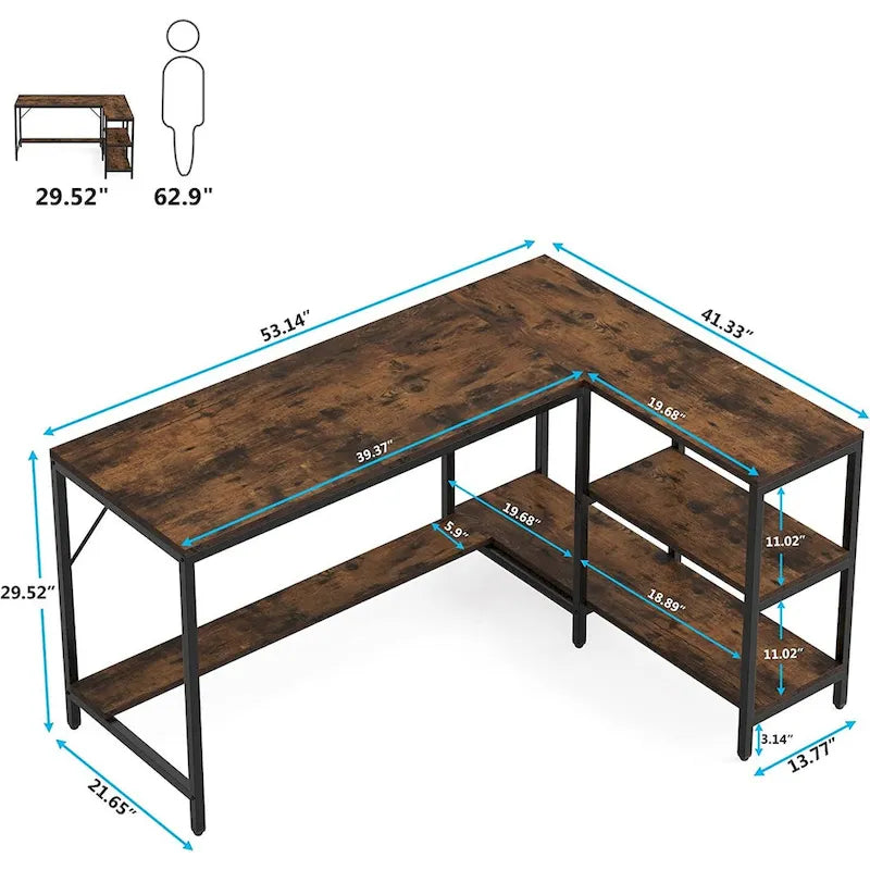 Bureau d'angle en L avec étagères de rangement réversibles pour bureau à domicile