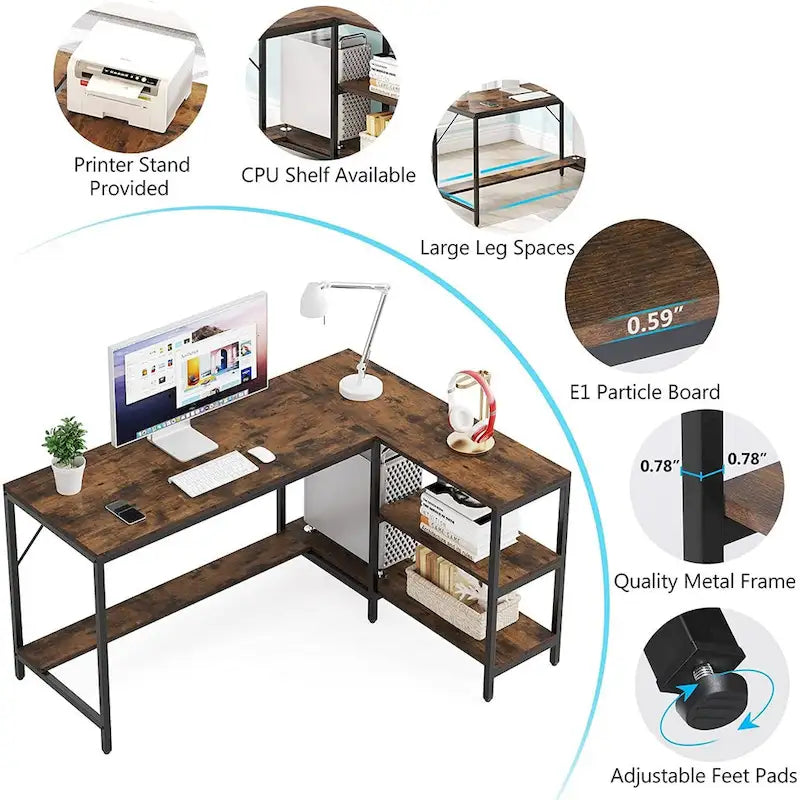 Bureau d'angle en L avec étagères de rangement réversibles pour bureau à domicile