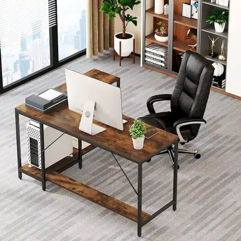 Bureau d'angle en L avec étagères de rangement réversibles pour bureau à domicile