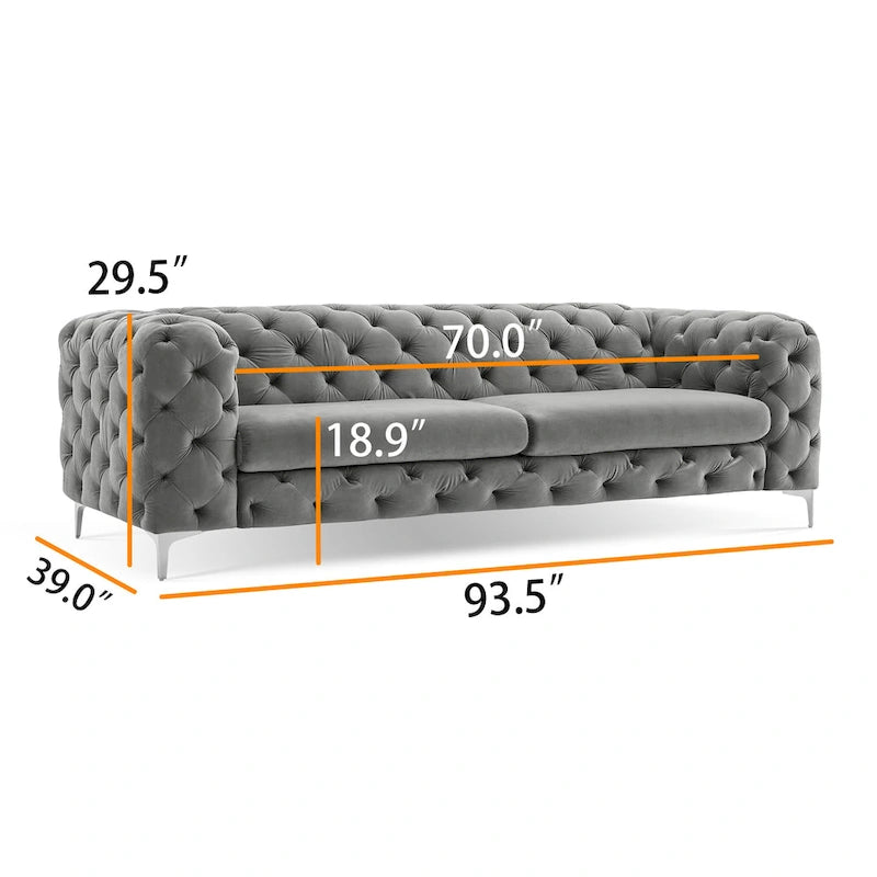 Canapé Chesterfield en velours touffeté avec capitonnage en losange et pieds en métal