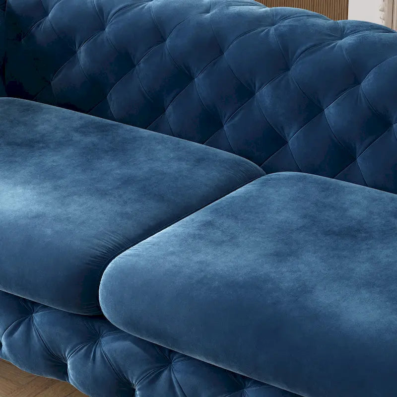 Canapé Chesterfield en velours touffeté avec capitonnage en losange et pieds en métal