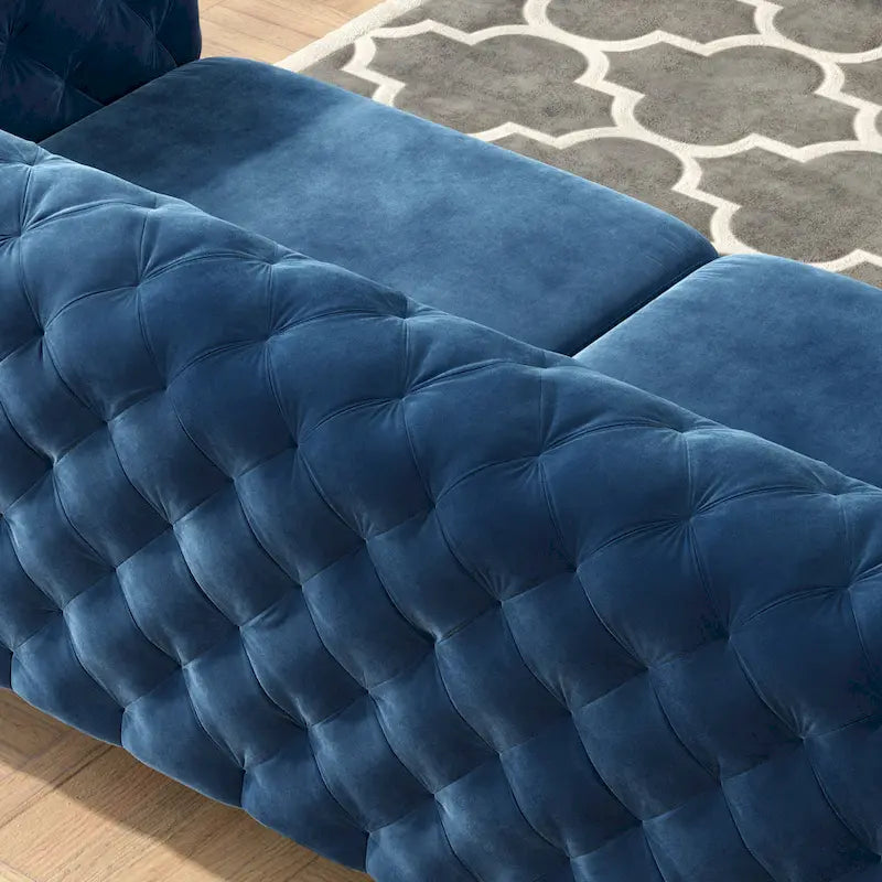 Canapé Chesterfield en velours touffeté avec capitonnage en losange et pieds en métal