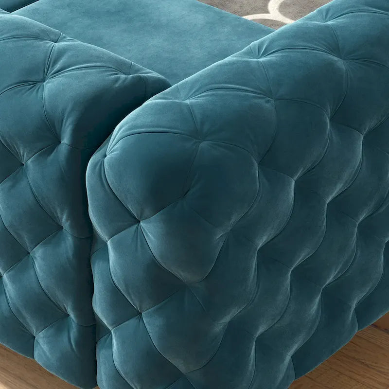 Canapé Chesterfield en velours touffeté avec capitonnage en losange et pieds en métal