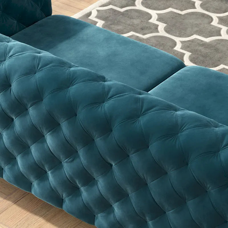 Canapé Chesterfield en velours touffeté avec capitonnage en losange et pieds en métal
