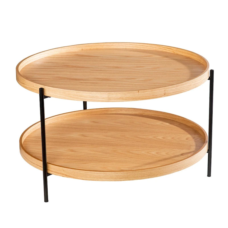 Table basse ronde de style ferme à deux niveaux avec détails imitation grain de bois