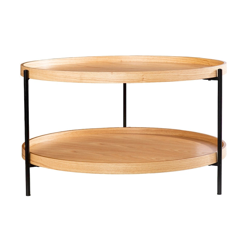 Table basse ronde de style ferme à deux niveaux avec détails imitation grain de bois