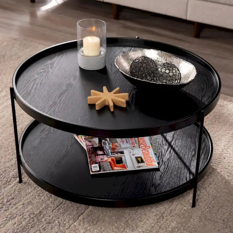 Table basse ronde de style ferme à deux niveaux avec détails imitation grain de bois