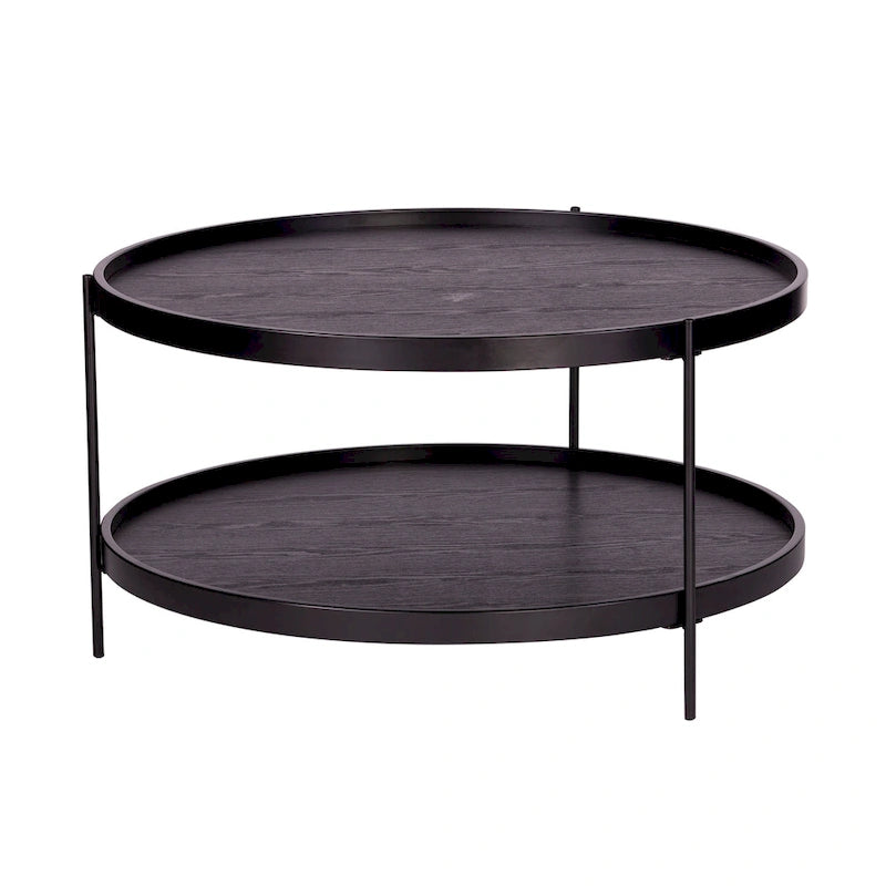 Table basse ronde de style ferme à deux niveaux avec détails imitation grain de bois