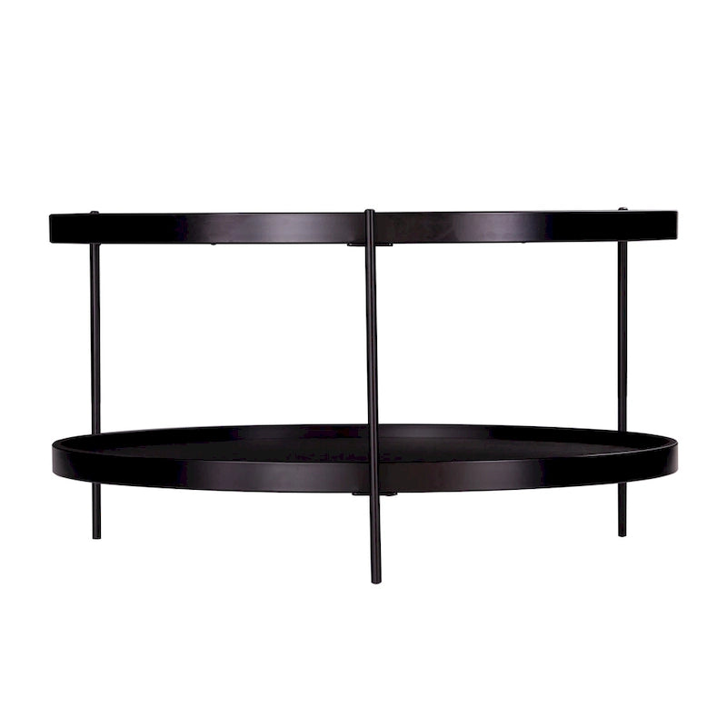 Table basse ronde de style ferme à deux niveaux avec détails imitation grain de bois