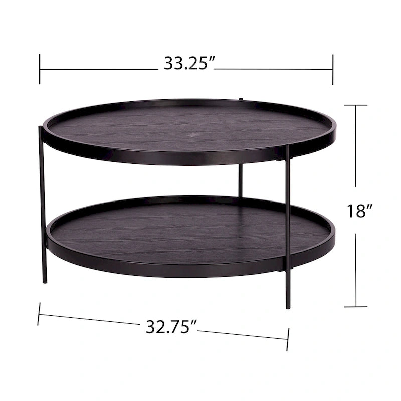 Table basse ronde de style ferme à deux niveaux avec détails imitation grain de bois
