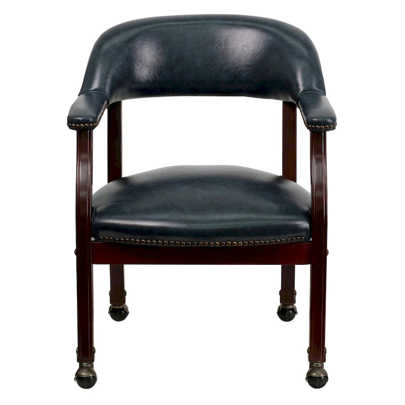 Chaise de conférence traditionnelle rembourrée avec garniture cloutée, dossier ouvert et roulettes