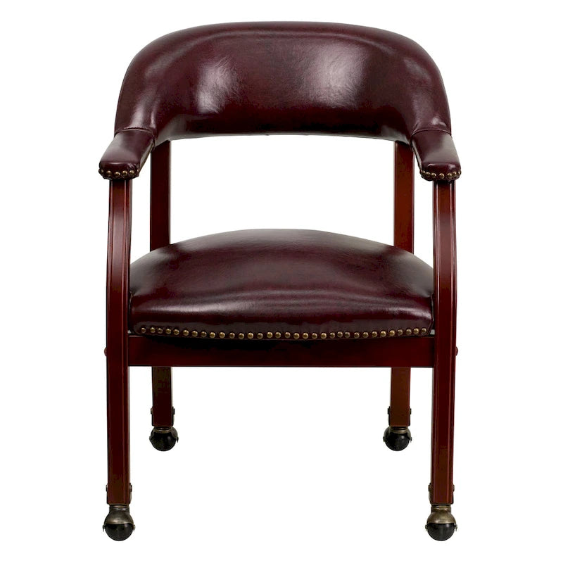 Chaise de conférence traditionnelle rembourrée avec garniture cloutée, dossier ouvert et roulettes