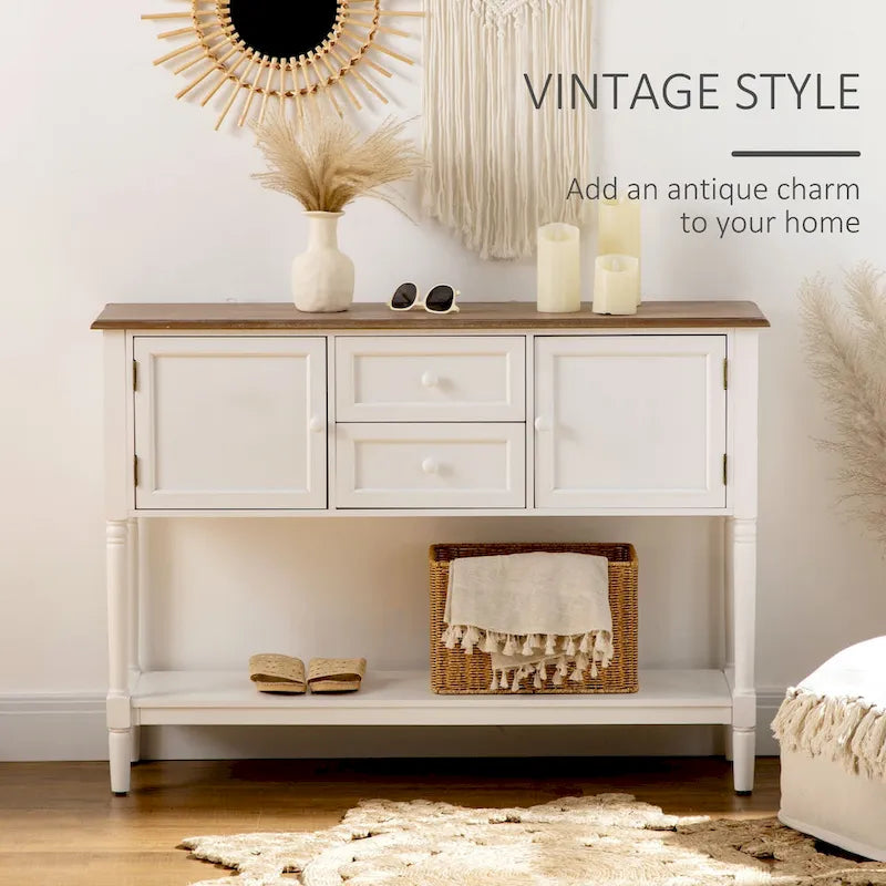 Console de style vintage avec 2 tiroirs, des portes d'armoire et une étagère inférieure — Blanc