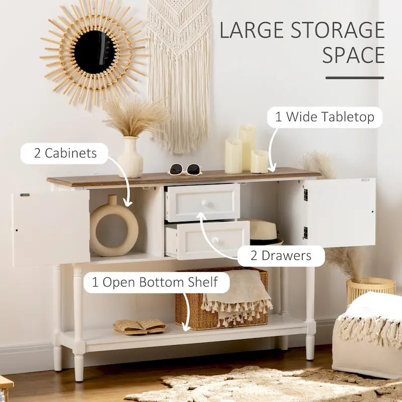 Console de style vintage avec 2 tiroirs, des portes d'armoire et une étagère inférieure — Blanc