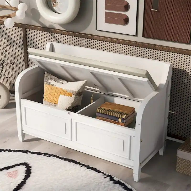 Banc de rangement rustique en bois massif avec compartiment caché et coussin amovible — Entrée et chambre à coucher