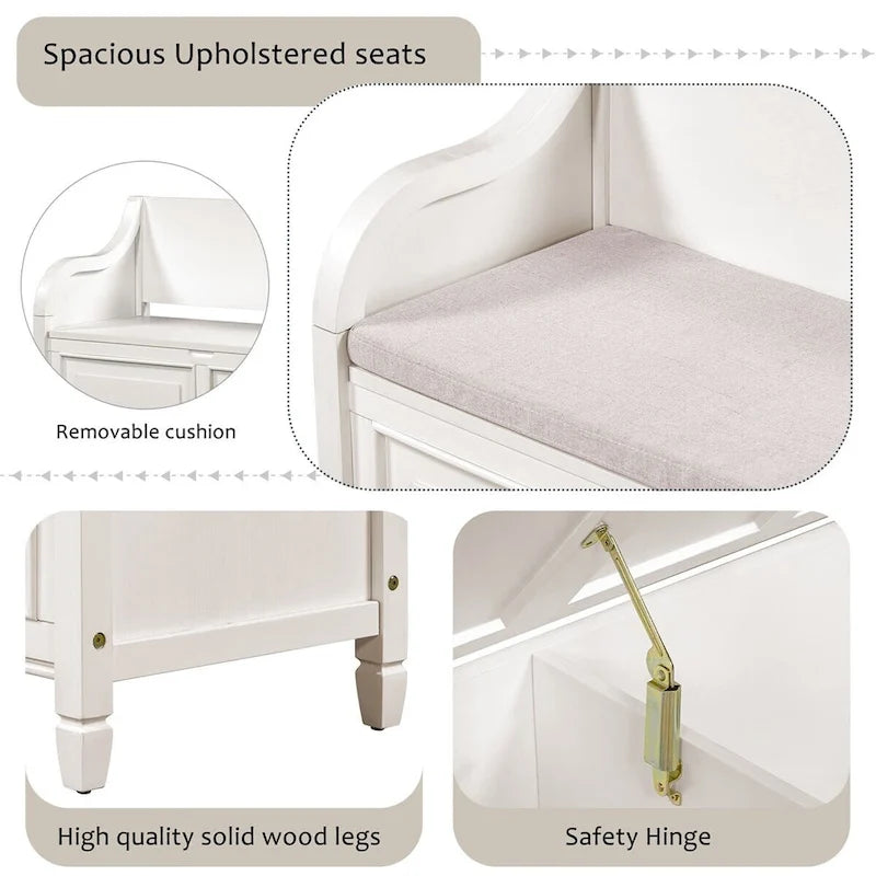 Banc de rangement rustique en bois massif avec compartiment caché et coussin amovible — Entrée et chambre à coucher