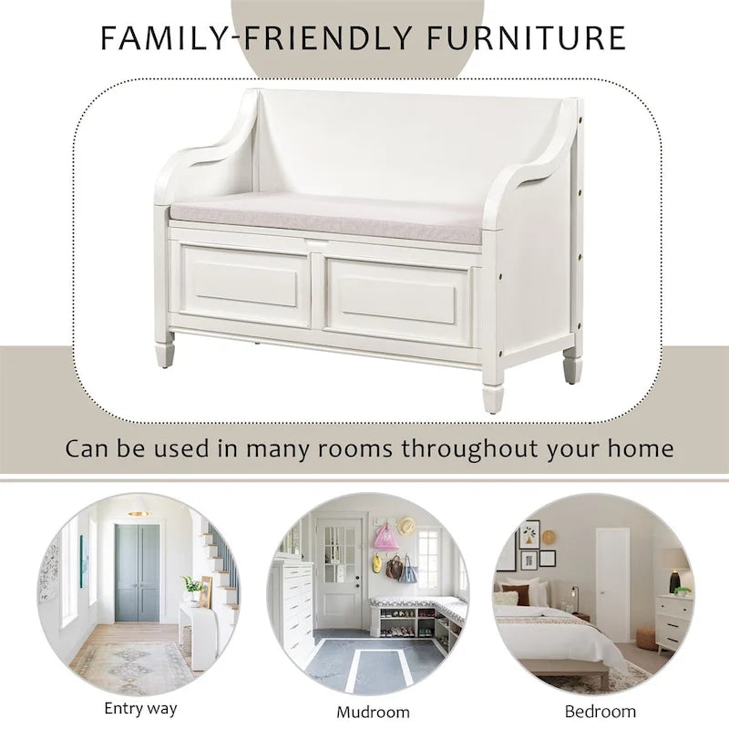 Banc de rangement rustique en bois massif avec compartiment caché et coussin amovible — Entrée et chambre à coucher