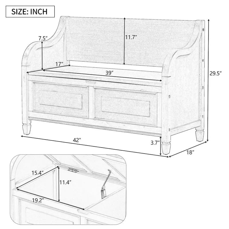 Banc de rangement rustique en bois massif avec compartiment caché et coussin amovible — Entrée et chambre à coucher