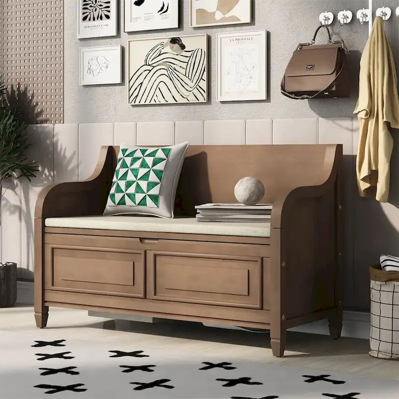 Banc de rangement rustique en bois massif avec compartiment caché et coussin amovible — Entrée et chambre à coucher