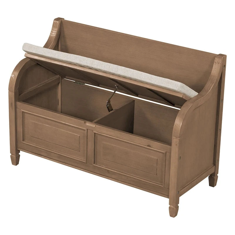 Banc de rangement rustique en bois massif avec compartiment caché et coussin amovible — Entrée et chambre à coucher