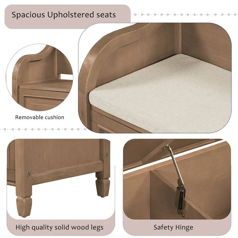 Banc de rangement rustique en bois massif avec compartiment caché et coussin amovible — Entrée et chambre à coucher