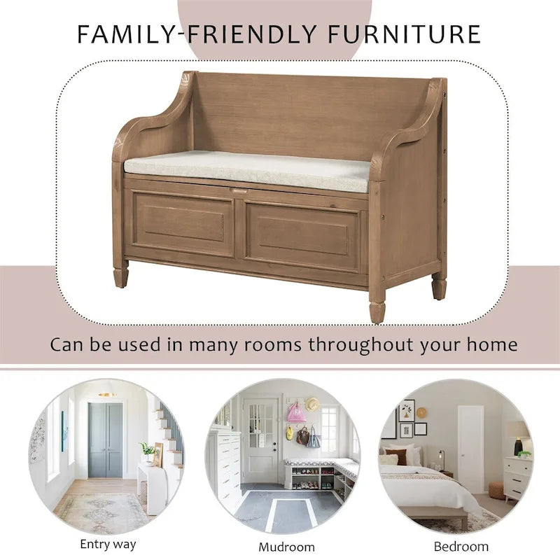 Banc de rangement rustique en bois massif avec compartiment caché et coussin amovible — Entrée et chambre à coucher