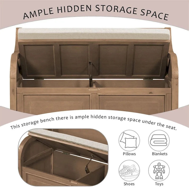Banc de rangement rustique en bois massif avec compartiment caché et coussin amovible — Entrée et chambre à coucher