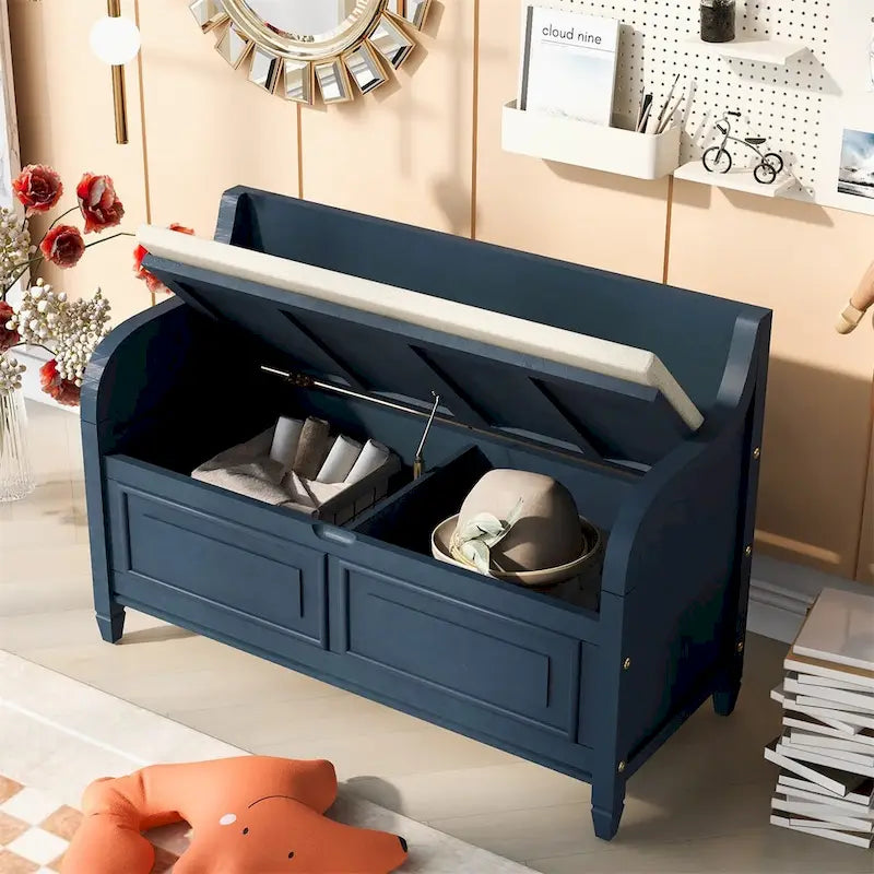 Banc de rangement rustique en bois massif avec compartiment caché et coussin amovible — Entrée et chambre à coucher
