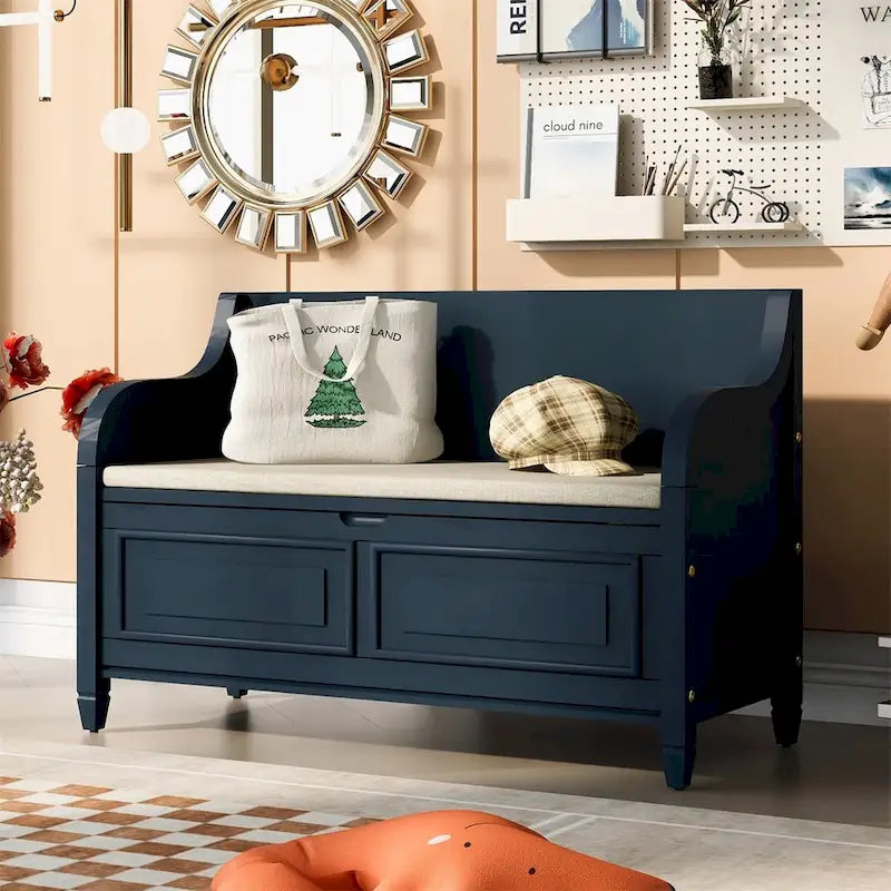Banc de rangement rustique en bois massif avec compartiment caché et coussin amovible — Entrée et chambre à coucher