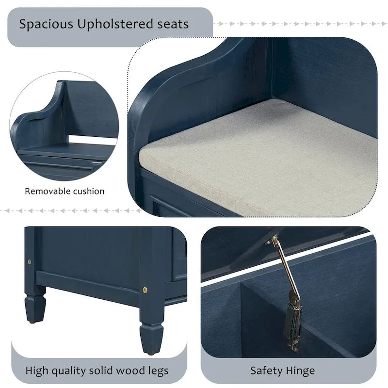 Banc de rangement rustique en bois massif avec compartiment caché et coussin amovible — Entrée et chambre à coucher