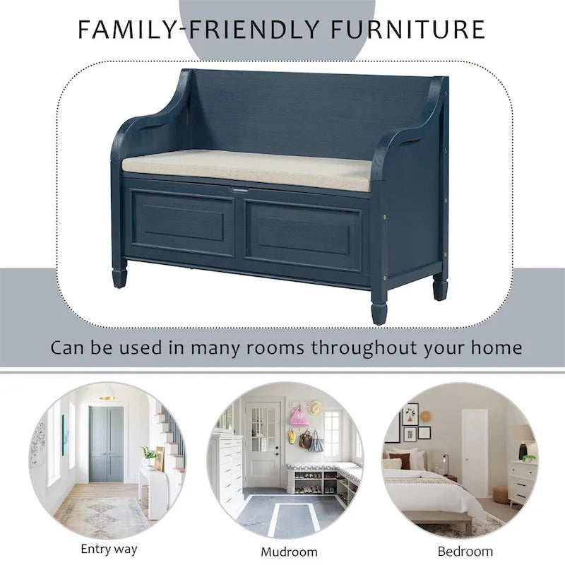 Banc de rangement rustique en bois massif avec compartiment caché et coussin amovible — Entrée et chambre à coucher