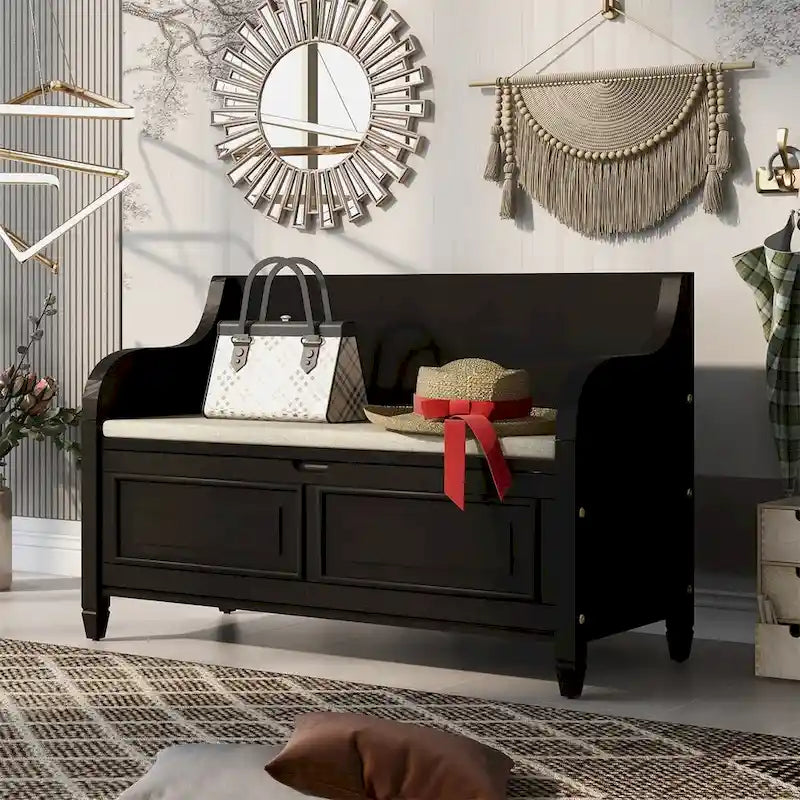 Banc de rangement rustique en bois massif avec compartiment caché et coussin amovible — Entrée et chambre à coucher