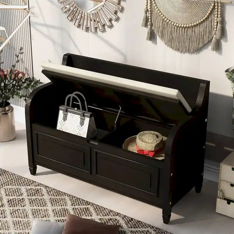 Banc de rangement rustique en bois massif avec compartiment caché et coussin amovible — Entrée et chambre à coucher